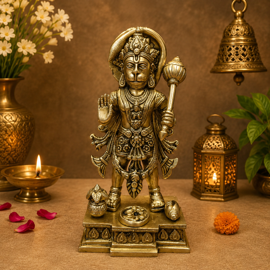 Brassaura® Standing Lord Hanuman Brass Statue | Embodiment of Strength, Devotion & Courage | Height 10 Inches & Weight 2.7 Kgs