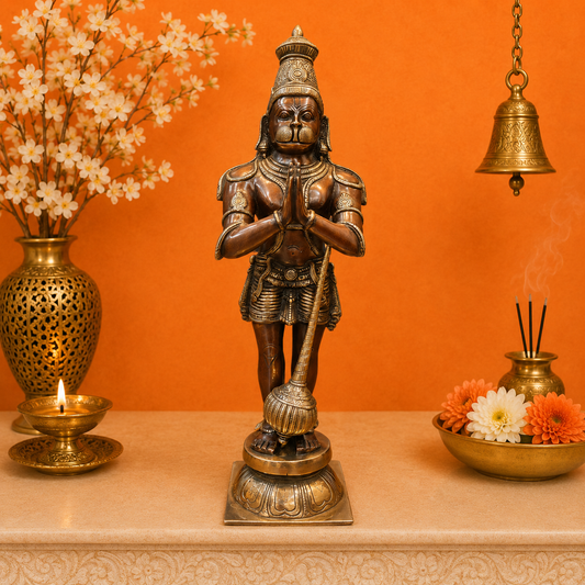 Brassaura® Brass Panchmukhi Hanuman Statue | Standing Hanuman Idol with Gada | Traditional Sacred Brass Sculpture for Home Temple, Spiritual Décor & Gifting | 23 Inches | 9 Kg
