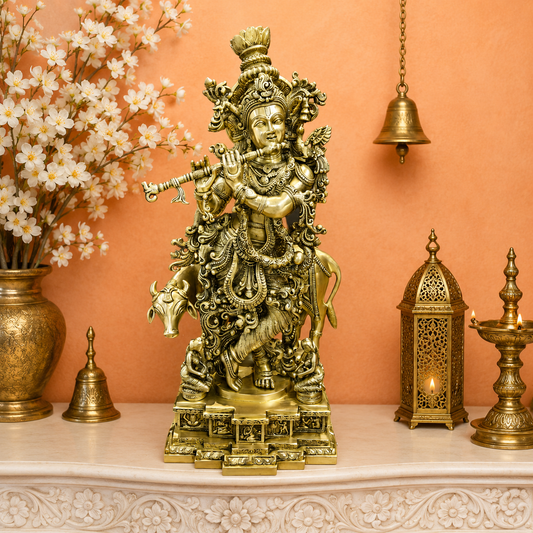 Brassaura® Lord Krishna with Cow Brass Statue | Divine Love & Eternal Harmony | Height 28 Inches & Weight 35 Kgs