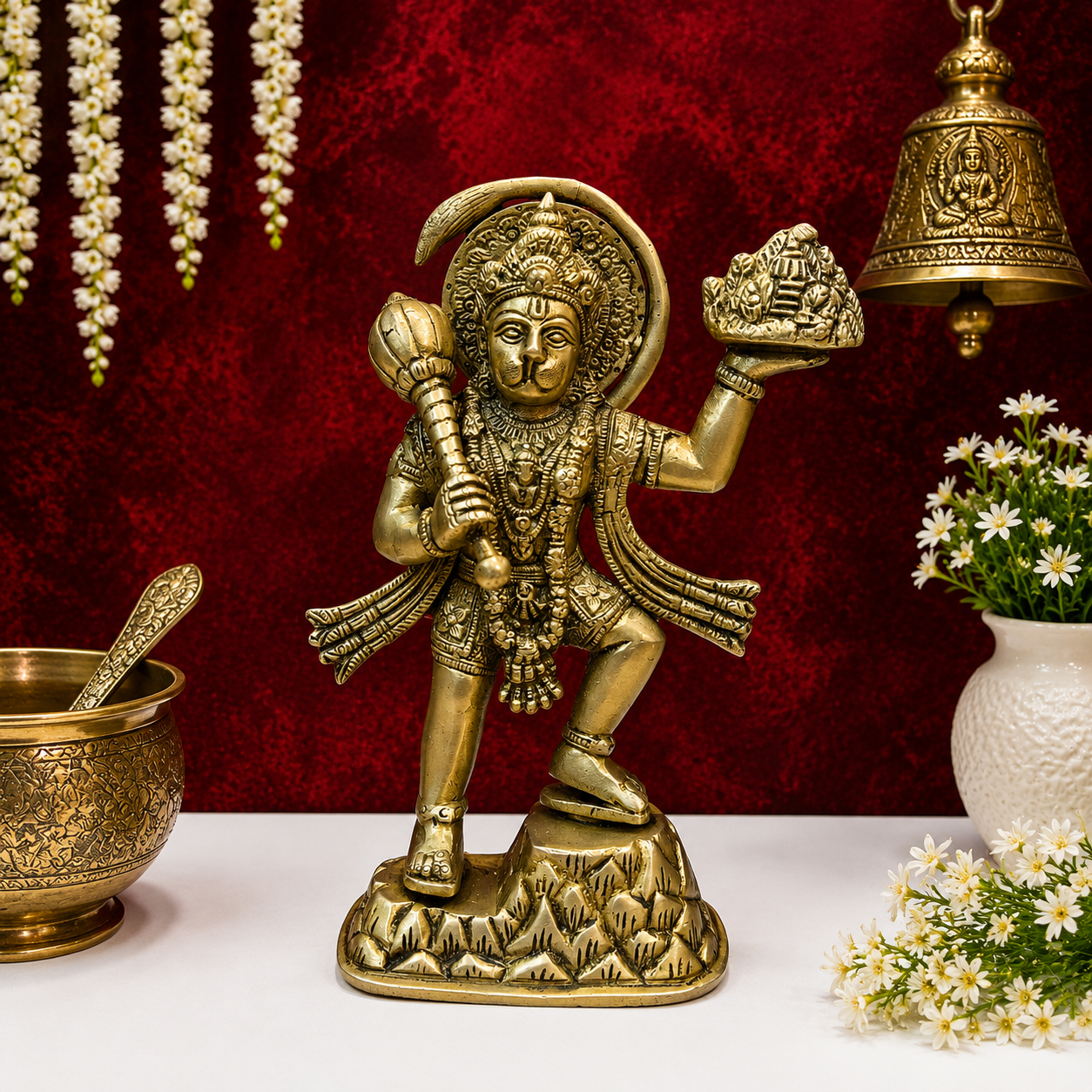 Brassaura® Brass Lord Hanuman Idol | Veer Hanuman Carrying Sanjeevani Mountain with Gada | Sacred Brass Sculpture for Home Temple, Spiritual Décor & Gifting | 9 Inches | 1.9 KgV