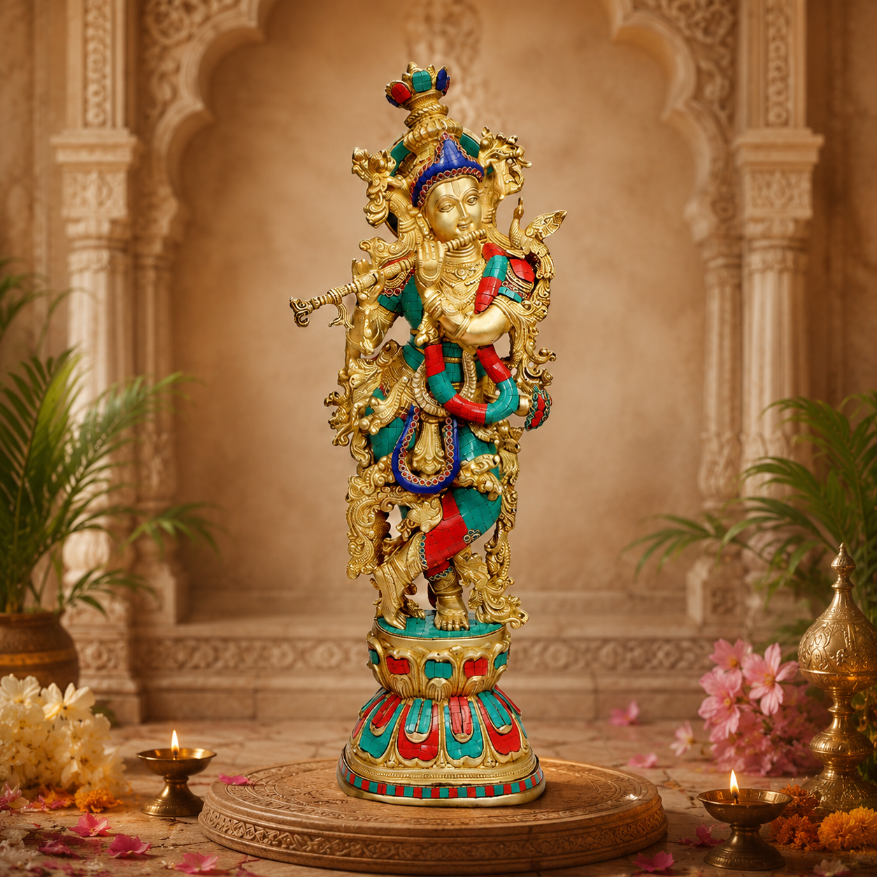 Brassaura® Brass Flute Krishna Statue with Turquoise Handwork | Height 29 Inches