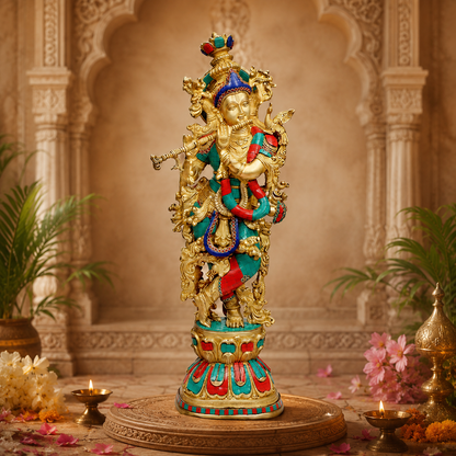 Brassaura® Brass Flute Krishna Statue with Turquoise Handwork | Height 29 Inches