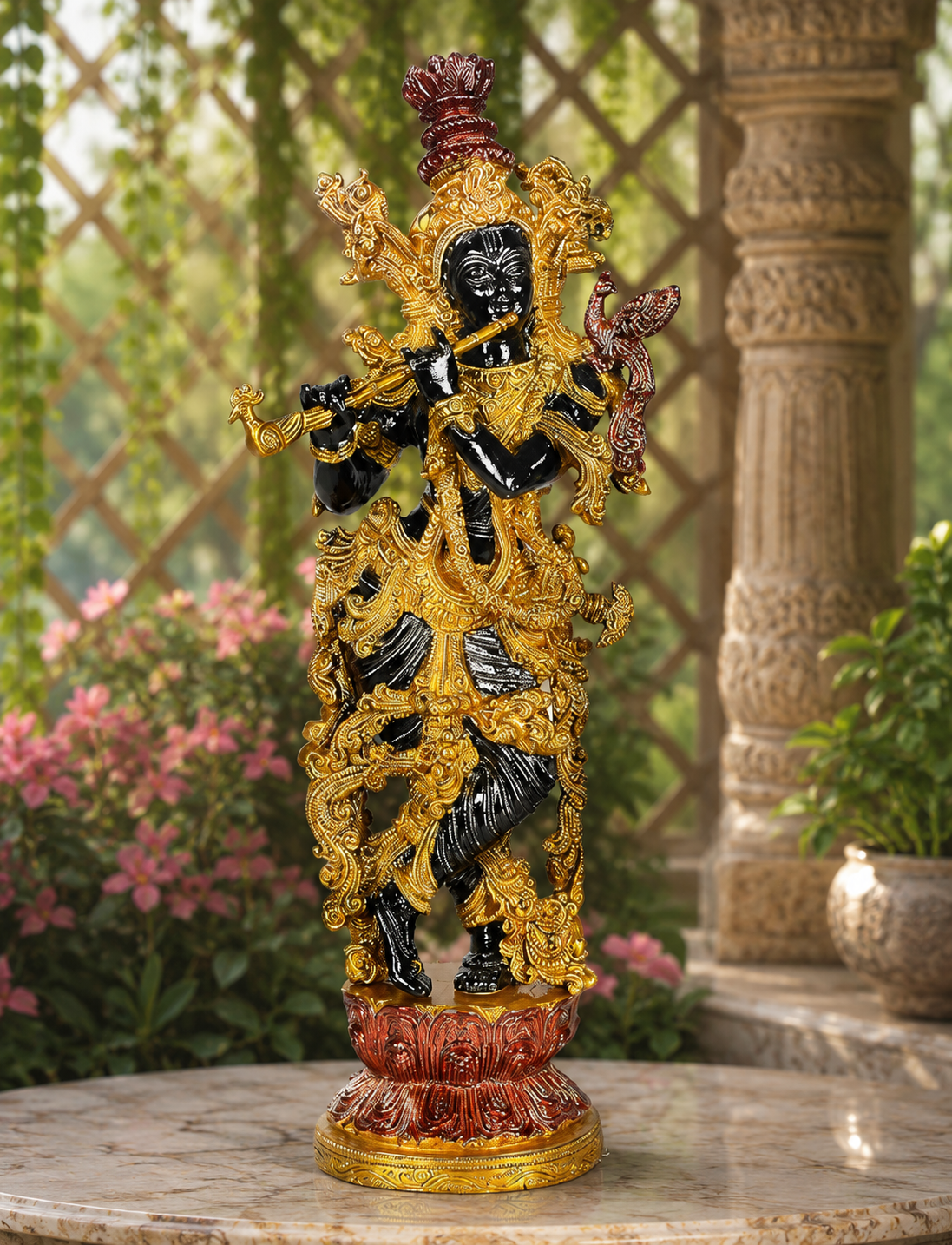 Brassaura® Lord Krishna Brass Murti | Traditional Brass Finish | Height 14.5 Inches