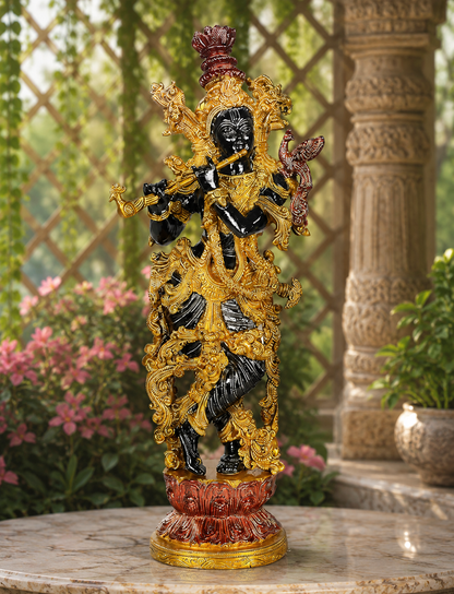 Brassaura® Lord Krishna Brass Murti | Traditional Brass Finish | Height 14.5 Inches