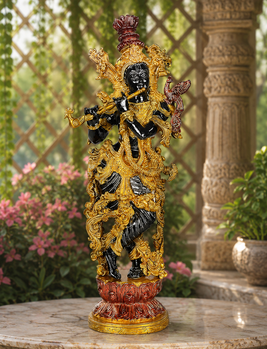 Brassaura® Lord Krishna Brass Murti | Traditional Brass Finish | Height 14.5 Inches