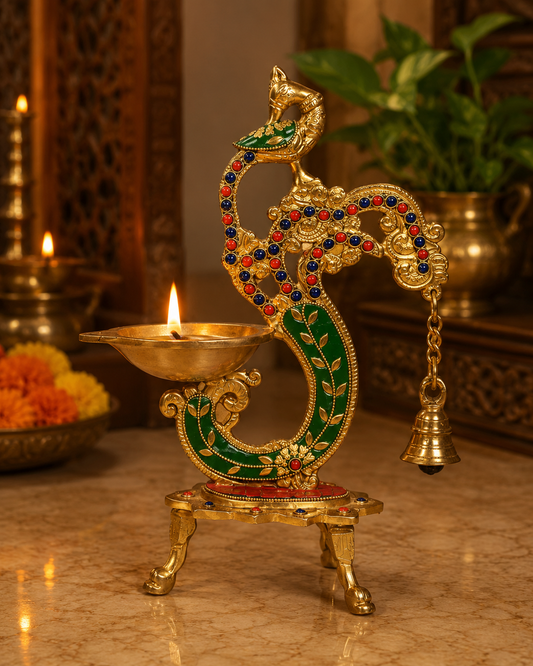 Brassaura® Brass Peacock Oil Lamp Diya | Height 11.5 Inches
