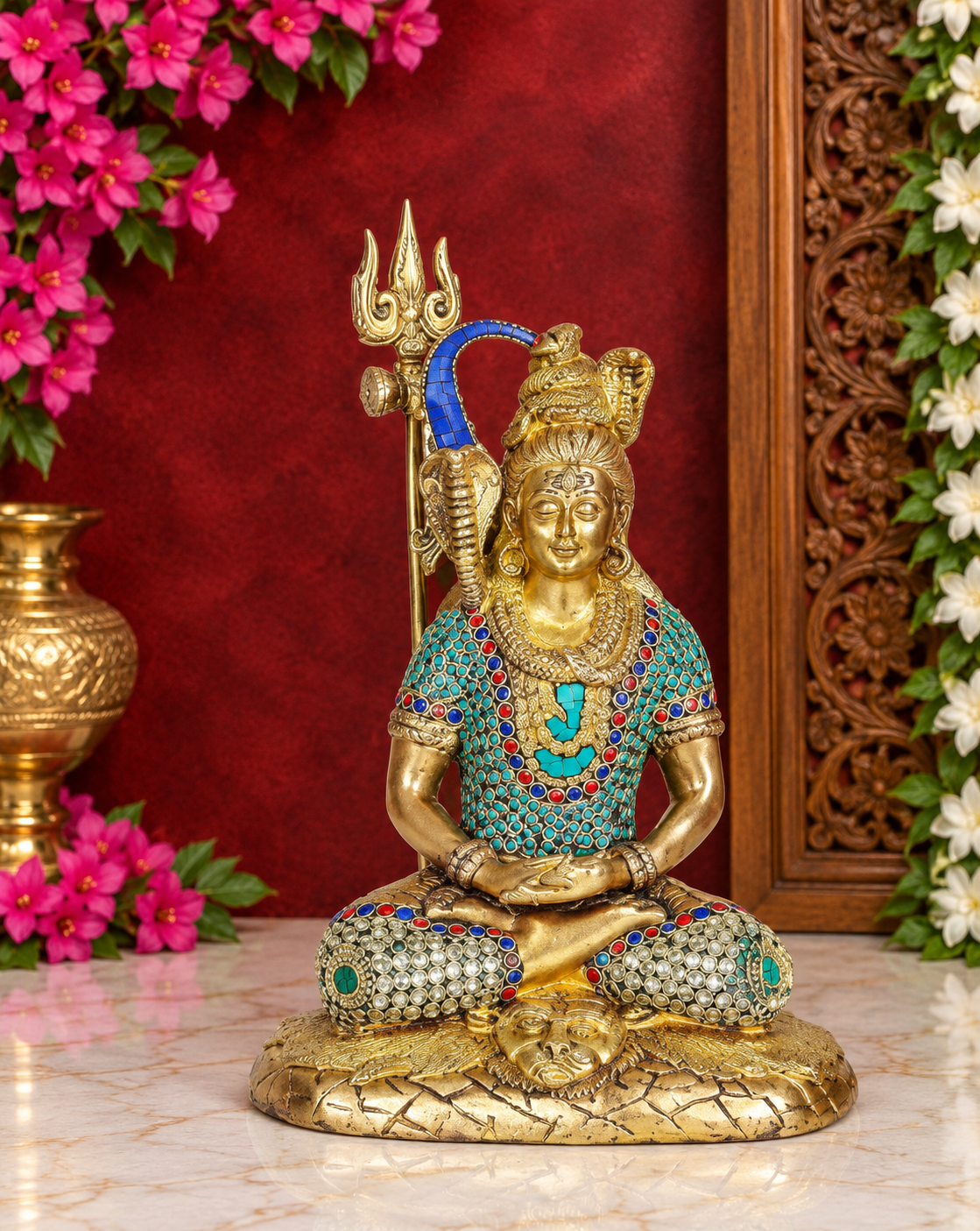 ब्रासोरा® वृंदावन वेणुगोपाल कृष्ण पीतल की प्रतिमा मोर के साथ | एंटीक नीला और सुनहरा रंग | ऊँचाई 20 इंच