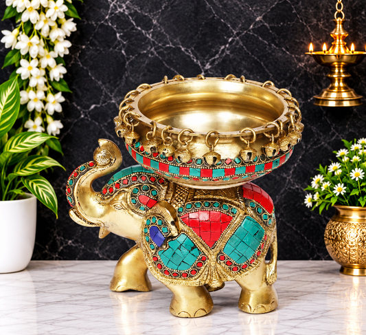 Brassaura® Brass Urli with Elephant Statue & Gemstone Work | Pure Superfine Brass Handcrafted Decorative Urli | Brass Décor for Home, Pooja Room | Height 7.5 Inches | Weight 3.2 Kgs