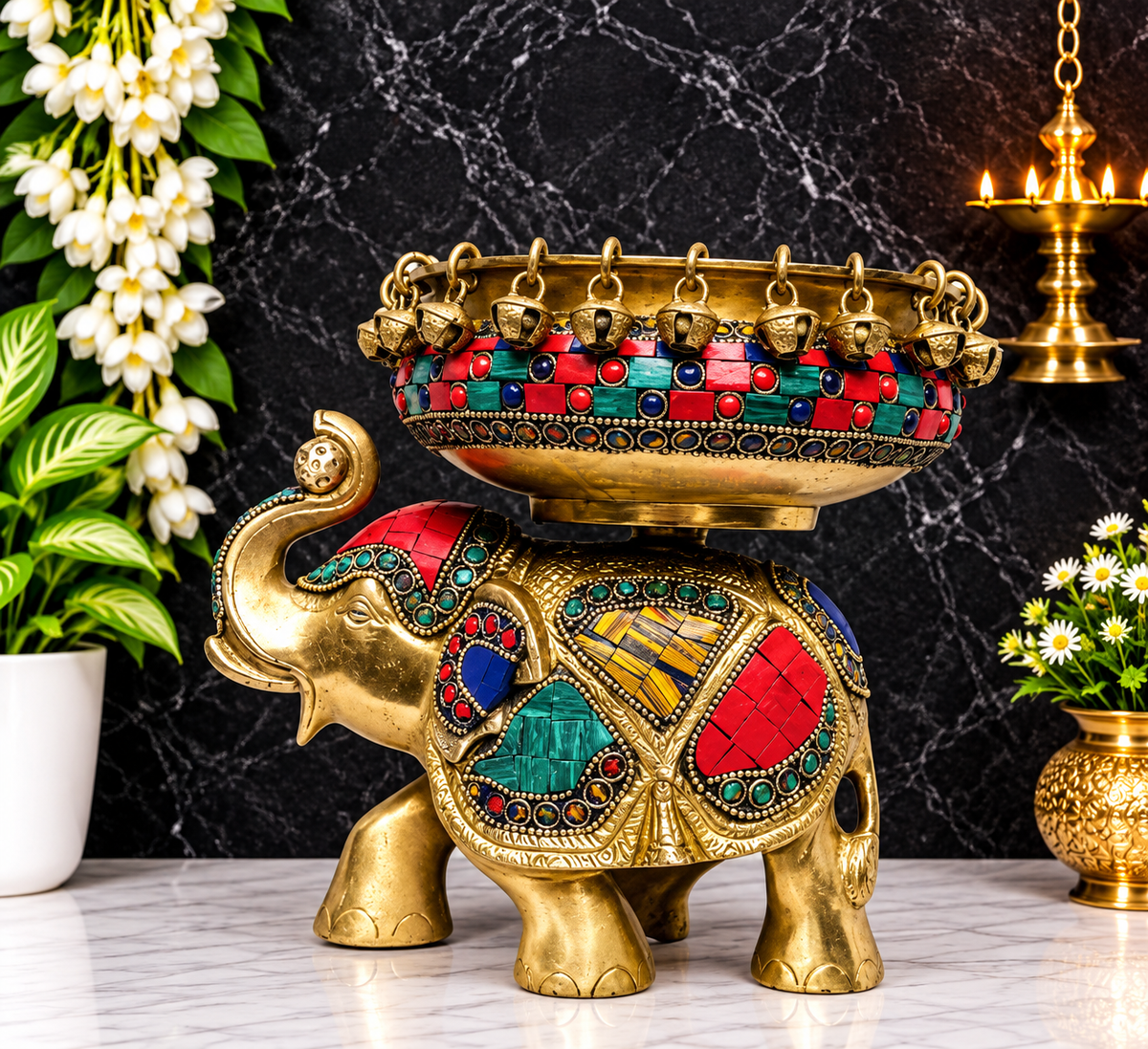 Brassaura® Brass Urli with Elephant Statue & Gemstone Work | Pure Superfine Brass Handcrafted Decorative Urli | Brass Décor for Home, Pooja Room | Height 7.5 Inches | Weight 3.2 Kgs