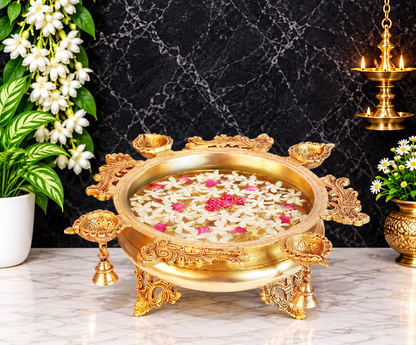 Brassaura® Brass Urli with Hanging Diyas with Polished Finish | Pure Superfine Brass Handcrafted Murti | Brass Statue | Brass Statue for Home Temple, Pooja Room | Height 5 Inches | Weight 4.3 Kgs