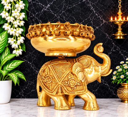 Brassaura® Brass Urli with Elephant Statue | Handcrafted Decorative Centerpiece | Height 9.5 Inches & Weight 3.1 Kgs