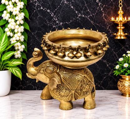 Brassaura® Brass Urli with Elephant Statue with Antique Brass Finish | Pure Superfine Brass Handcrafted Murti | Brass Statue | Brass Statue for Home Temple, Pooja Room | Height 9.5 Inches | Weight 3.1 Kgs