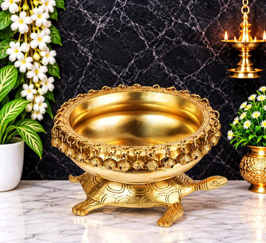 Brassaura® Brass Urli with Tortoise Motif with Antique Golden Brass Finish | Pure Superfine Brass Handcrafted Murti | Brass Statue for Home Temple, Pooja Room | Height 4.7 Inches | Weight 2.5 Kgs