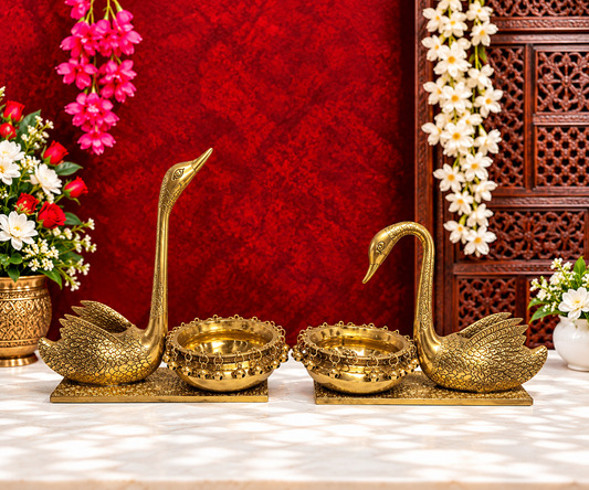 Brassaura® Brass Swan Pair Golden Urli Statue with Golden Brass Finish | Pure Superfine Brass Handcrafted Murti | Brass Statue | Brass Statue for Home Temple, Pooja Room | Height 9.8 Inches | Weight 7 Kgs