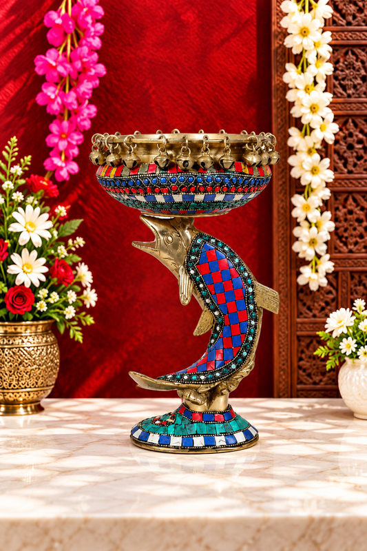 Brassaura® Brass Gem Stone Work Urli Statue | Handcrafted Decorative Centerpiece | Height 13 Inches & Weight 2.68 Kgs