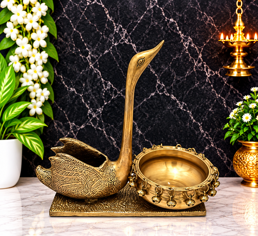 Brassaura® Brass Swan Urli Statue with Antique Brass Finish | Pure Superfine Brass Handcrafted Murti | Brass Statue for Home Temple, Pooja Room | Height 12.2 Inches | Weight 4.1 Kgs