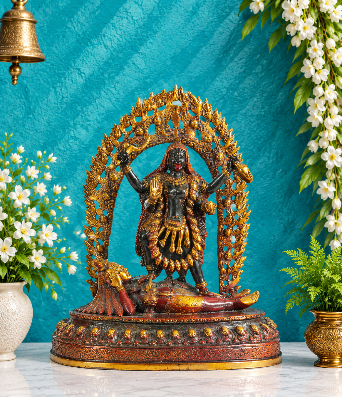 ब्रासौर® महाकाली शिव पर खड़ी | एंटीक फ़िनिश पीतल की मूर्ति | ऊंचाई 32 इंच | वज़न: 5.80 किलोग्राम