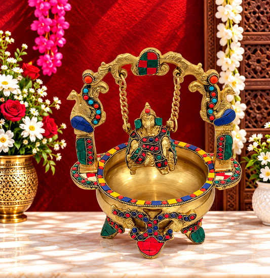 Brassaura® Ganesha Jhula Brass Urli with Antique Golden Brass Finish with Gem Stone Work | Pure Superfine Brass Handcrafted Murti | Brass Statue for Home Temple, Pooja Room | Height 9.5 Inches | Weight 2.6 Kgs
