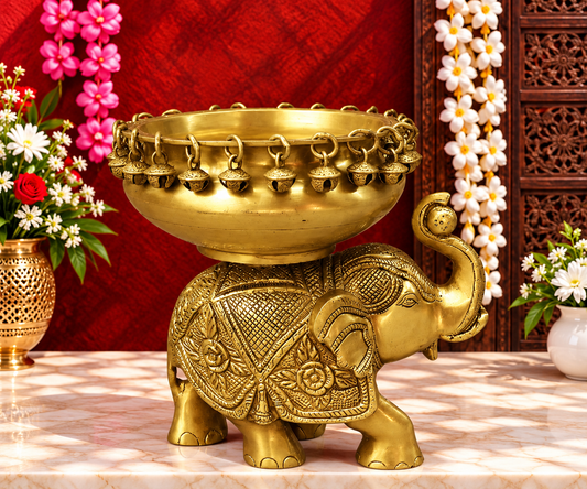 Brassaura® Elephant Brass Urli Bowl Set with Antique Golden Brass Finish | Pure Superfine Brass Handcrafted Murti | Brass Statue for Home Temple, Pooja Room | Height 8 Inches | Weight 6.5 Kgs