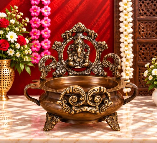 घर की सजावट और उपहार के लिए पीतल गणेश उर्ली, वज़न 1.5 किलो, ऊँचाई 7 इंच