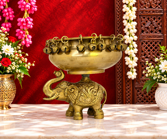 Brassaura® Golden Brass Urli with Elephant Motif with Antique Golden Brass Finish | Pure Superfine Brass Handcrafted Murti | Brass Statue for Home Temple, Pooja Room | Height 6.3 Inches | Weight 2.05 Kgs