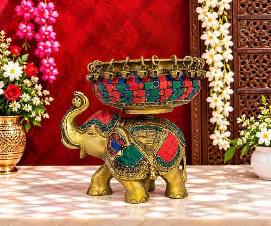 Brassaura® Brass Gemstone Work Urli with Elephant Statue with Decorative Gemstone Inlay Finish | Pure Superfine Brass Handcrafted Murti | Brass Statue for Home Temple, Pooja Room | Height 7.5 Inches | Weight 3.4 Kgs