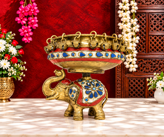 Brassaura® Brass Gemstone Work Urli with Elephant Statue with Decorative Gemstone Inlay Finish | Pure Superfine Brass Handcrafted Murti | Brass Statue for Home Temple, Pooja Room | Height 6.3 Inches | Weight 2.1 Kgs
