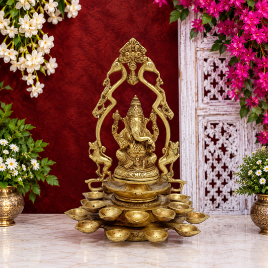 Brassaura® Brass Ganesha with Multiple Diyas with Golden Brass Finish | Pure Superfine Brass Handcrafted Murti | Brass Statue for Home Temple, Pooja Room | Height 12 Inches | Weight 3.8 Kgs