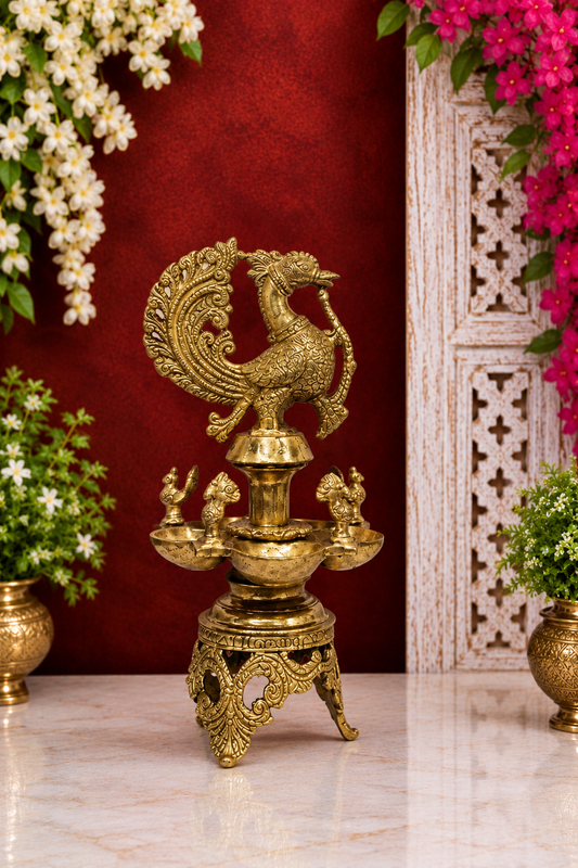 Brassaura® Brass Peacock Oil Lamp Diya | Pure Superfine Brass Handcrafted Murti | Brass Statue for Home Temple, Pooja Room | Height 13 Inches | Weight 4 Kgs