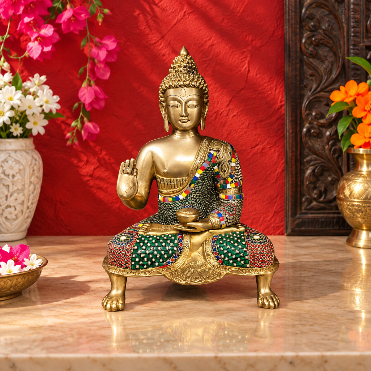 ब्रासुर™ शुद्ध पीतल की अभय मुद्रा में बुद्ध प्रतिमा – ऊँचाई 18 इंच और वज़न 12 किग्रा