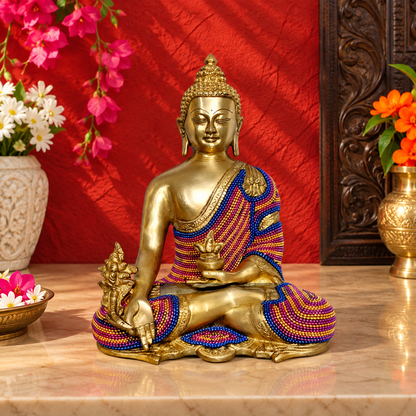ब्रसौर™ पीतल प्रीमियम रत्न जड़ित बुद्ध प्रतिमा - ऊंचाई 10.5 इंच और वज़न 5 किलोग्राम
