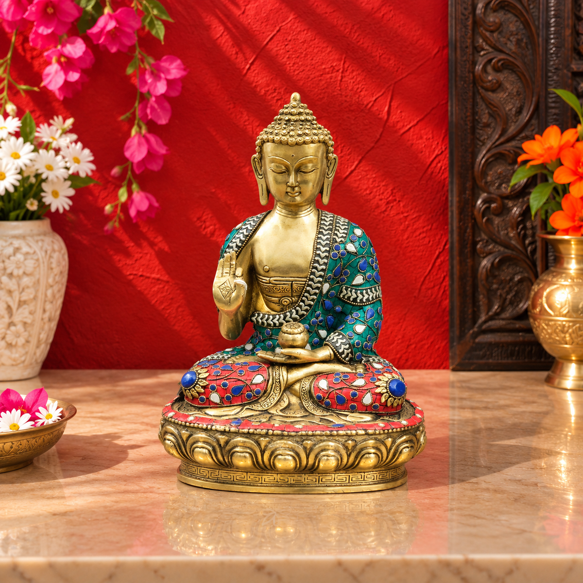 ब्रॉसर™ फाइन ब्रास बुद्ध प्रतिमा, भूमिस्पर्श मुद्रा में – ऊंचाई 10 इंच | वज़न 3.8 किलोग्राम | प्राकृतिक पत्थर