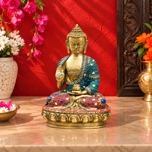 ब्रॉसर™ फाइन ब्रास बुद्ध प्रतिमा, भूमिस्पर्श मुद्रा में – ऊंचाई 10 इंच | वज़न 3.8 किलोग्राम | प्राकृतिक पत्थर