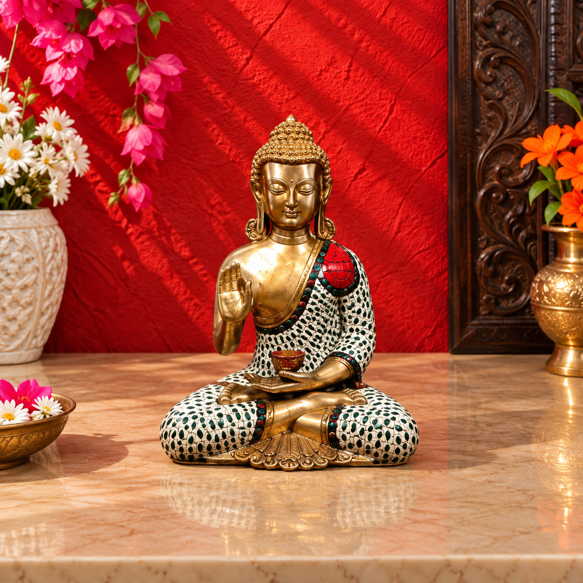 ब्रासौरा™ पीतल बुद्ध प्रतिमा – ऊँचाई 20 इंच | वज़न 18 किग्रा | सफेद स्टोनवर्क