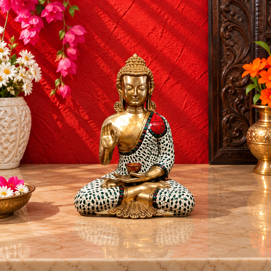 ब्रासौरा™ पीतल बुद्ध प्रतिमा – ऊँचाई 20 इंच | वज़न 18 किग्रा | सफेद स्टोनवर्क