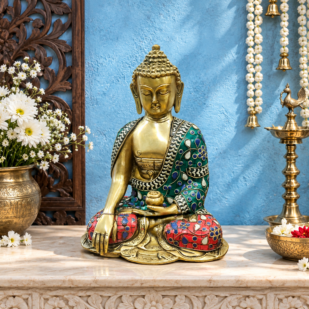 ब्रासौर™ ब्रास रत्न जड़ा हुआ भूमिस्पर्श बुद्ध प्रतिमा - ऊंचाई 10 इंच | वज़न 3.8 किलोग्राम | बहुरंगी