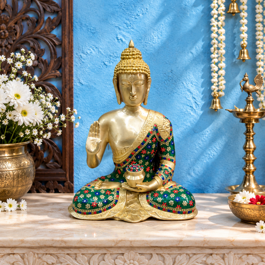 ब्रसॉरा™ पीतल की बड़ी बुद्ध प्रतिमा अभय मुद्रा में औषधि पात्र के साथ - ऊँचाई 23 इंच | वज़न 22 किग्रा | प्राकृतिक पत्थर और पीतल के छल्ले