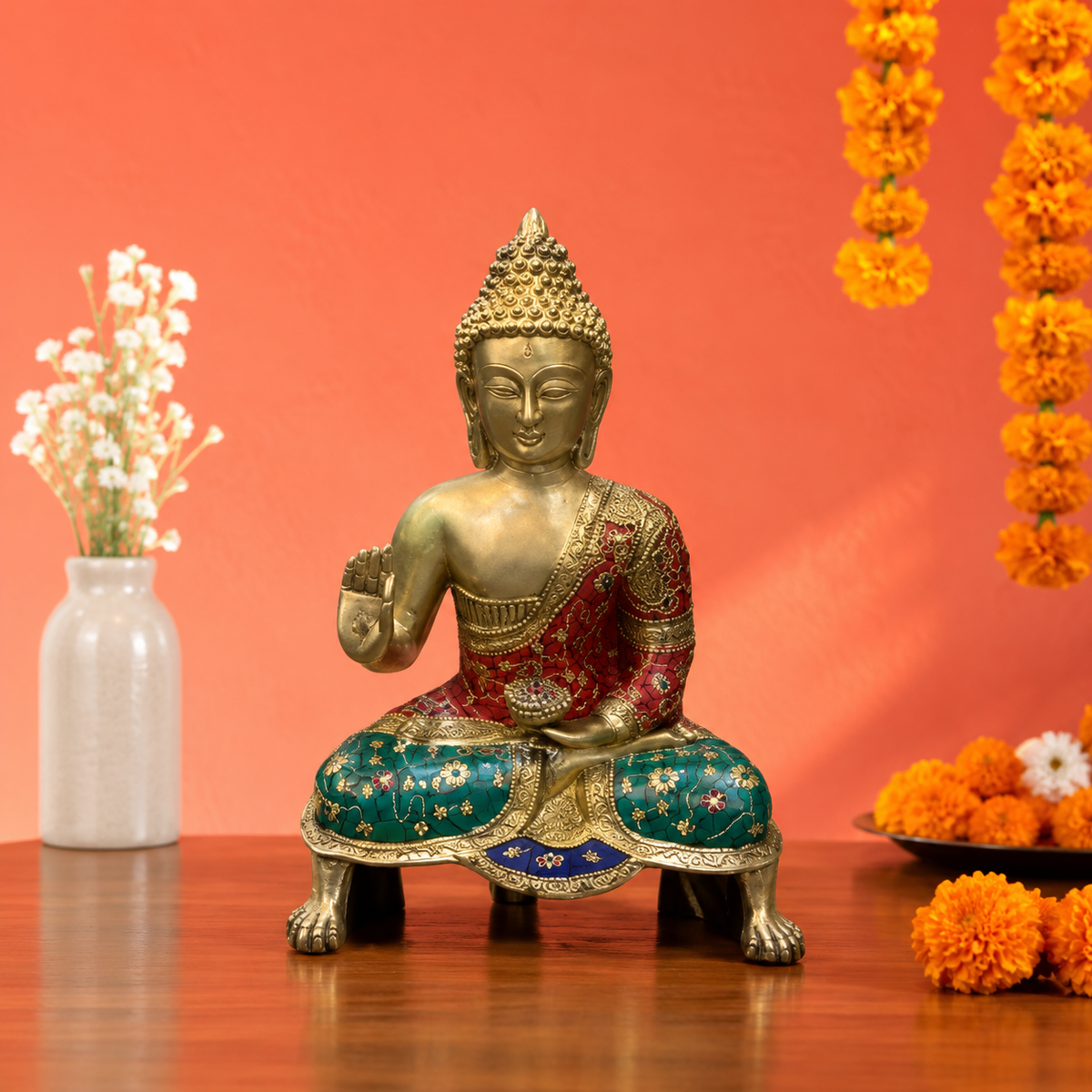 ब्रास्सौड़ा™ पीतल बुद्ध प्रतिमा आशीर्वाद अभय मुद्रा में - ऊंचाई 18 इंच | वजन 12 किलो | टाइगर फीट बेस