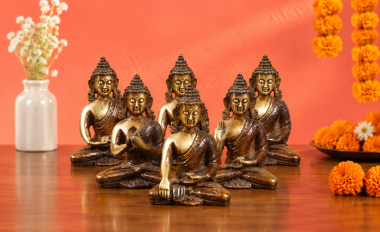 Brassaura™ 6 लघु पीतल बुद्ध मूर्तियों का सेट - ऊँचाई 3 इंच | वज़न 1.2 किलोग्राम | विभिन्न मुद्राएँ