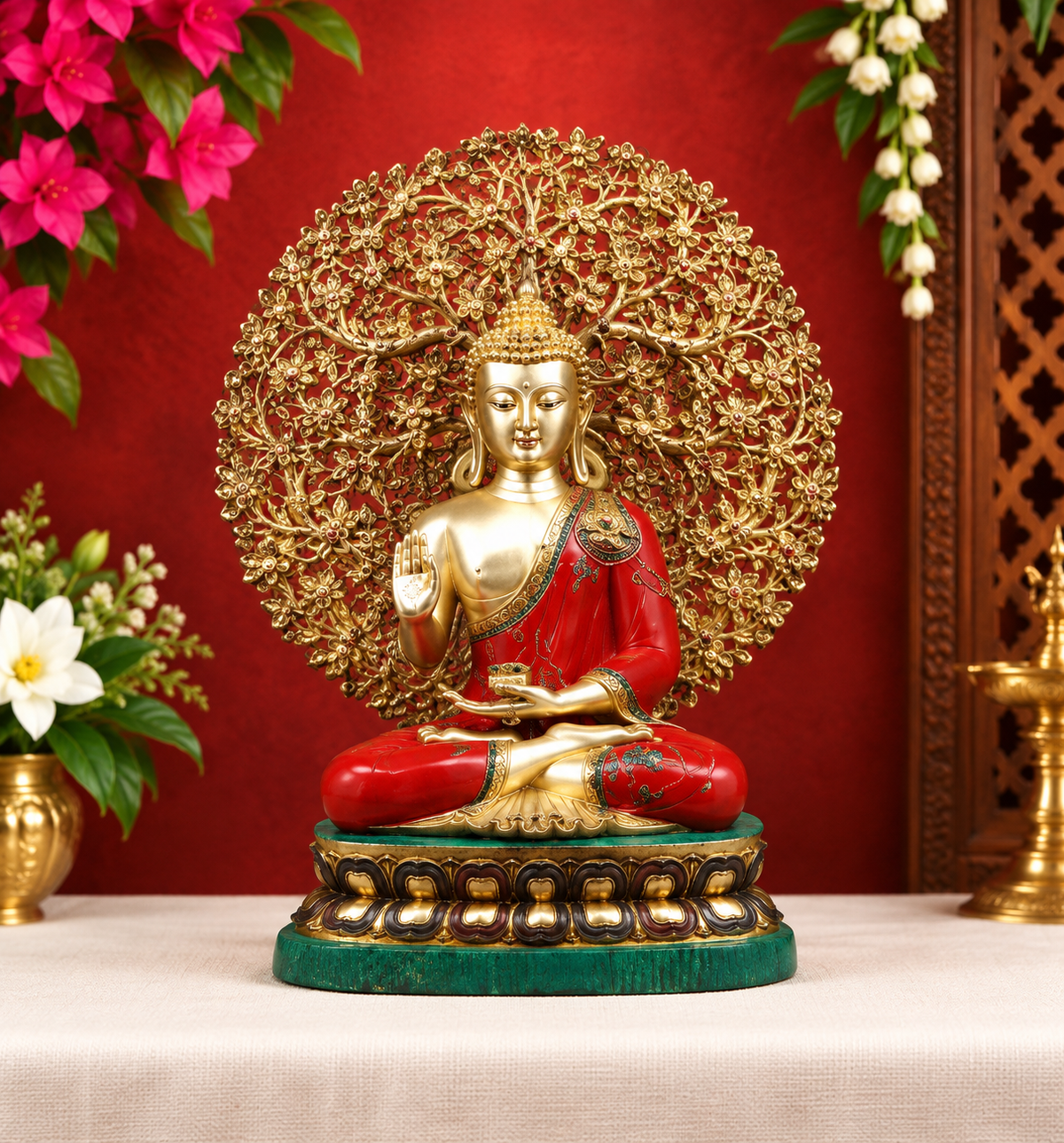 ब्रसौर™ ब्रास बुद्ध प्रतिमा, कल्पवृक्ष वृक्ष के नीचे – ऊँचाई 29 इंच | वज़न 31.98 किलोग्राम | मीनाकारी स्टोनवर्क