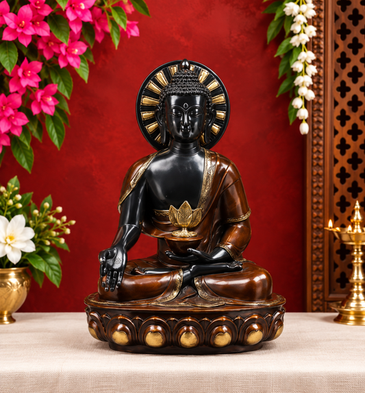 ब्रासाउरा™ पीतल की बुद्ध प्रतिमा चिकित्सा मुद्रा में – ऊंचाई 34 इंच | वज़न 44.6 किग्रा | गहरा काला और तांबे जैसा फ़िनिश