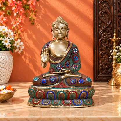 Brassaura® Large Buddha Statue with Multicoloured Stone Inlay & Ornate Detailing | Pure Superfine Brass Handcrafted Murti | Brass Statue for Home Temple, Pooja Room | Height 65 Inches | Weight 255 Kgs