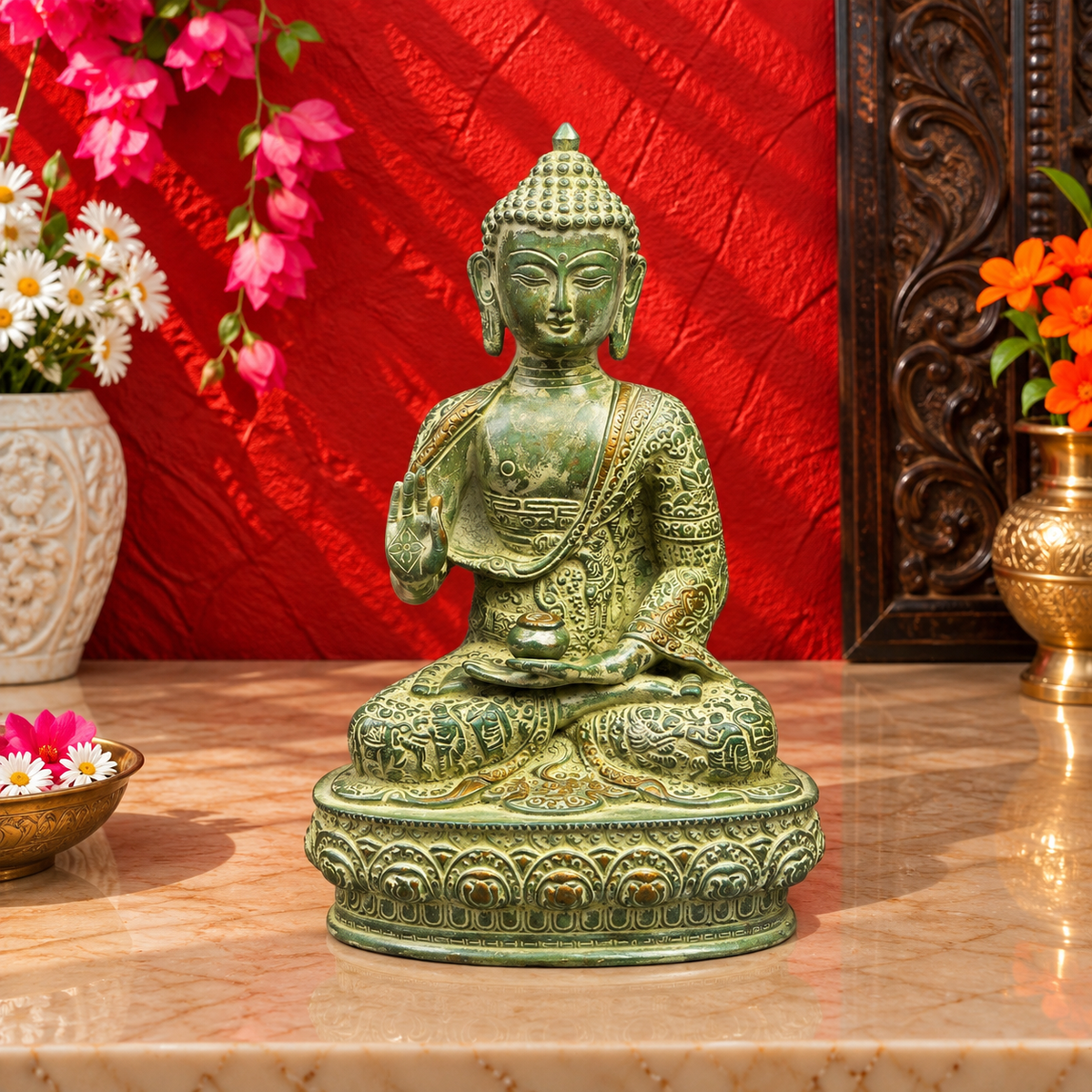 हस्तनिर्मित मूर्ति पीतल बुद्ध हरे रंग में 6 इंच