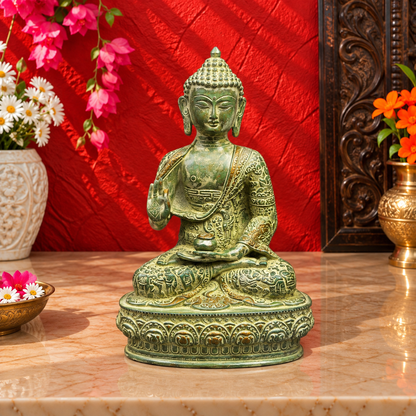 हस्तनिर्मित मूर्ति पीतल बुद्ध हरे रंग में 6 इंच