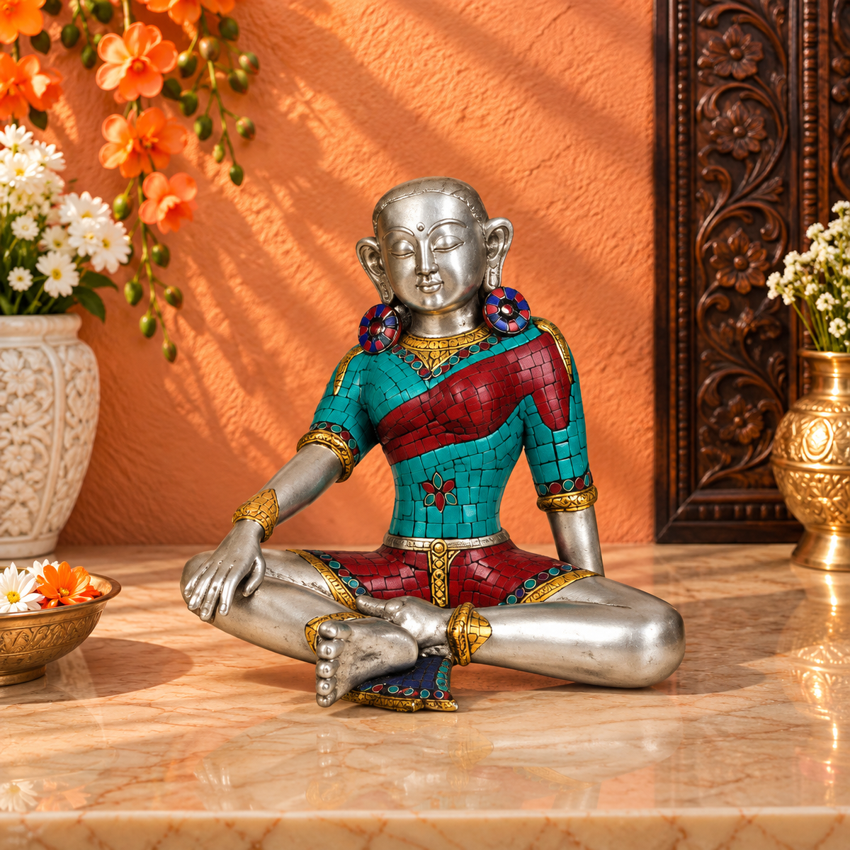 Brassaura® स्टोन इनले के साथ ध्यानमग्न बुद्ध | पीतल की प्रतिमा | ऊंचाई 13.6 इंच और वजन 8.90 किलोग्राम