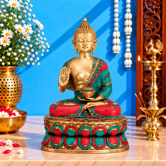 ब्रासौर® ब्रास बुद्ध मूर्ति इनले वर्क के साथ | ऊंचाई 38 इंच और वज़न 52.50 किलोग्राम
