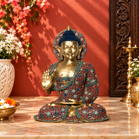 ब्रासौरा® कमल जड़ाई के काम के साथ बैठे बुद्ध | जटिल पत्थर विवरण वाली पीतल की मूर्ति | ऊंचाई 36 इंच और वजन 69.35 किलोग्राम