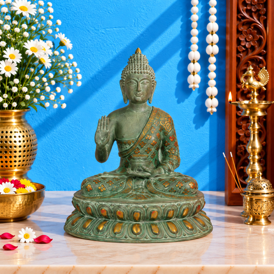 ब्रासौर® एंटीक ग्रीन ब्लेसिंग बुद्धा स्टैच्यू | पारंपरिक फिनिश के साथ ब्रास | ऊंचाई 28 इंच और वज़न 32.33 किलोग्राम