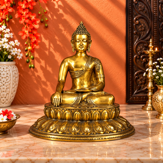 ब्रासौरा® ब्रास आसीन बुद्ध प्रतिमा | सुनहरा फिनिश | ऊंचाई 22.6 इंच और वजन 17.60 किलोग्राम
