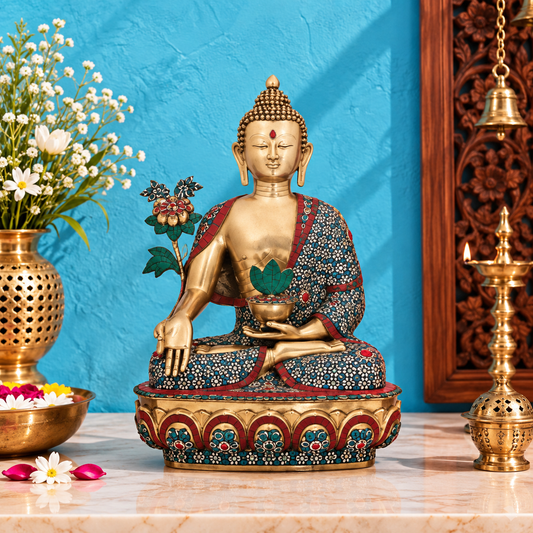 ब्रासौरा® बैठी हुई बुद्ध की मूर्ति जड़ाई के काम के साथ | जटिल पत्थर की जड़ाई वाला पीतल | ऊंचाई 34 इंच और वज़न 45.42 किलोग्राम